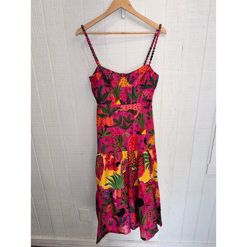 Farm Rio Tiered Midi Dress Womens Pink Tropical Jungle Leopard Print Small